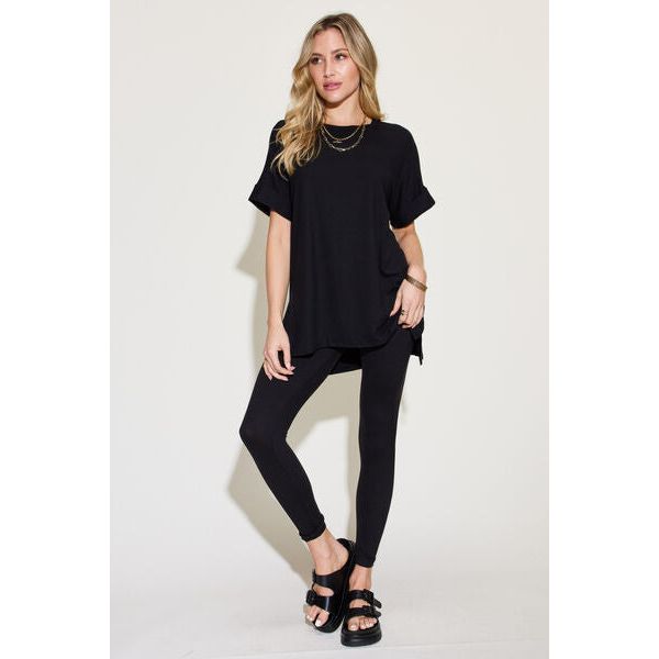 Zenana Short Sleeve Slit T-Shirt and Leggings Lounge Set