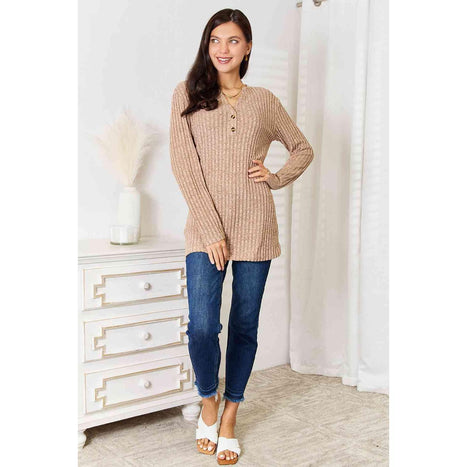 Double Take Notched Neck Ribbed Long Sleeve T-Shirt