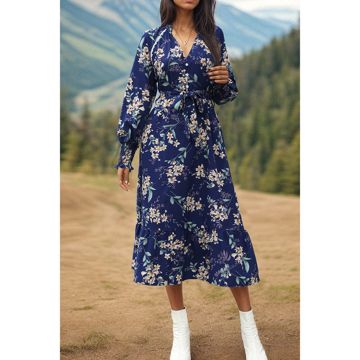 Printed Notched Lantern Sleeve Midi Dress