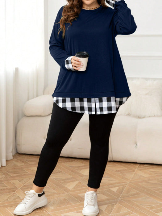 Plaid Hem Round Neck Long Sleeve Sweatshirt