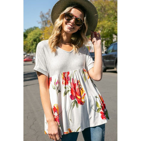 Plus Stripe Floral Baby Doll Top