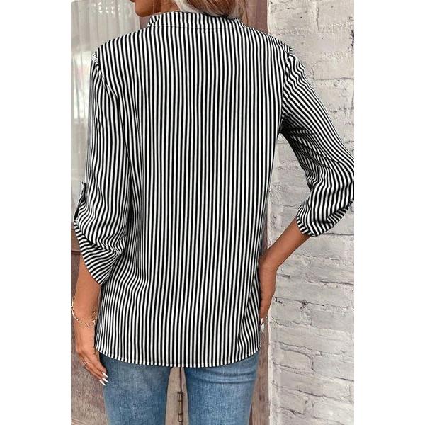 Striped Notched Roll-Tab Sleeve Shirt