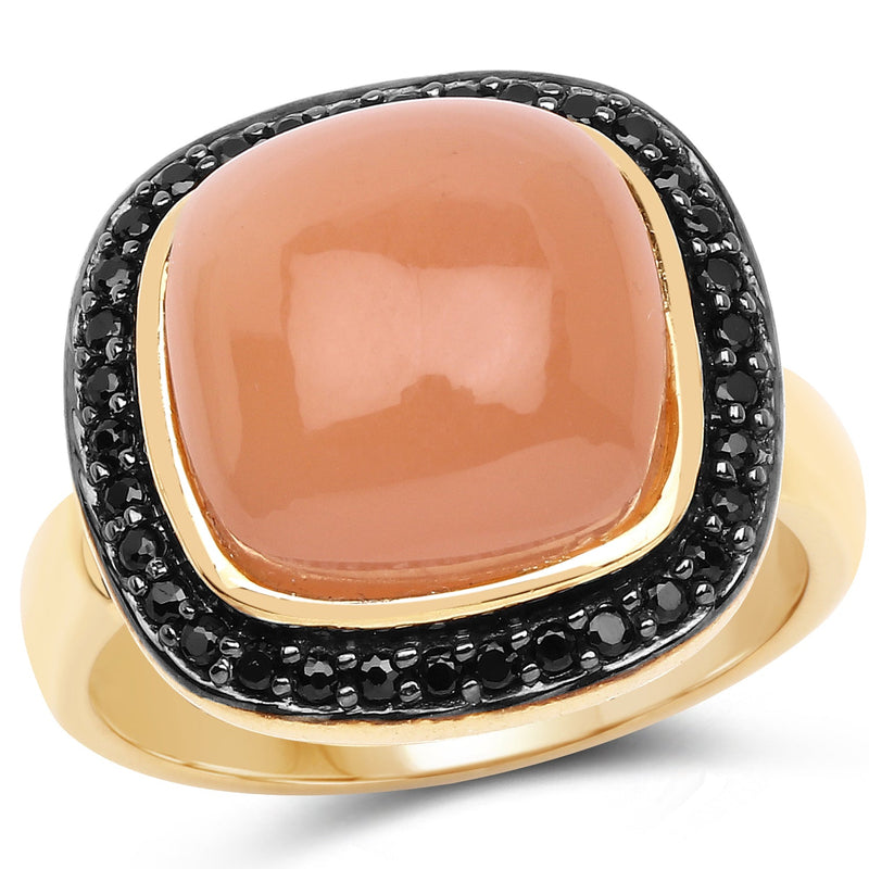 Bids.com 14K Yellow Gold Plated 7.50 ct. t.w. Peach Moonstone and Black Spinel Ring in Sterling Silver Rings