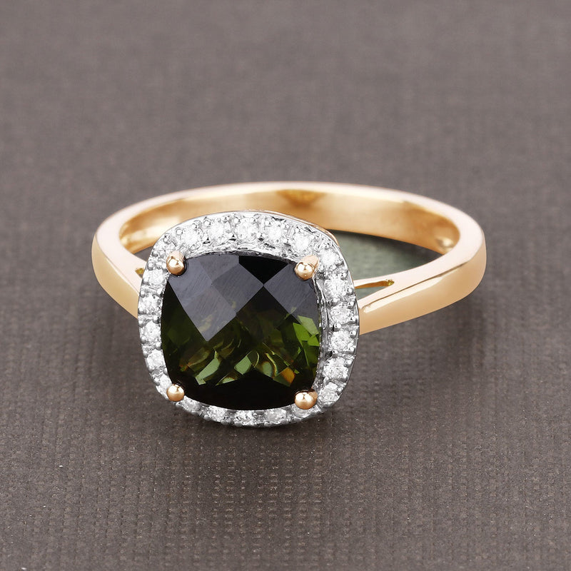 Bids.com 2.64 Carat Genuine Green Tourmaline and White Diamond 14K Yellow Gold Ring Rings