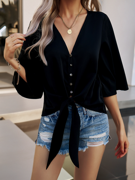 Women‘s Blouses V-Neckline Button-Up Tie-Front 3/4 Sleeve Tops HTHZTPUTUL