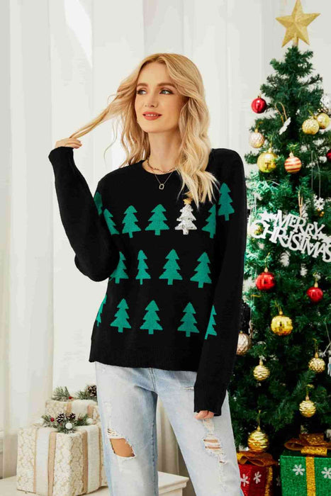 Christmas Tree Round Neck Ribbed Trim Sweater by VYSN