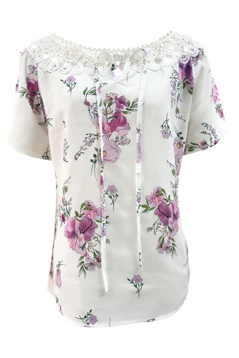 Printed Tie Neck Short Sleeve Blouse