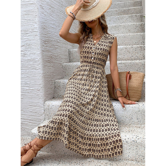 Printed Johnny Collar Midi Dress