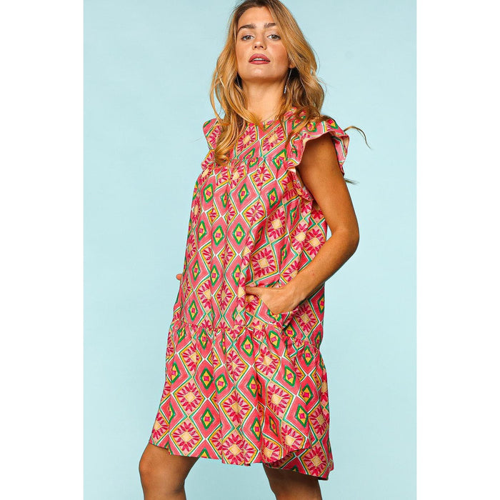 Ruffled Printed Dress with Side Pockets