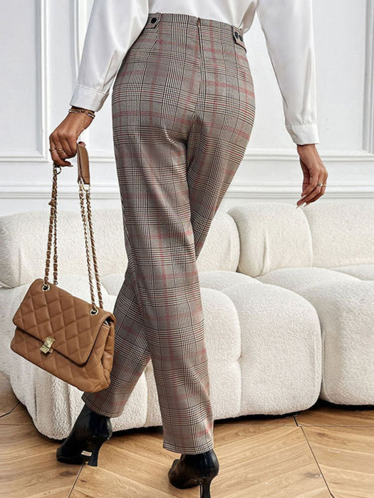 Perfee Plaid Straight Pants with Pockets