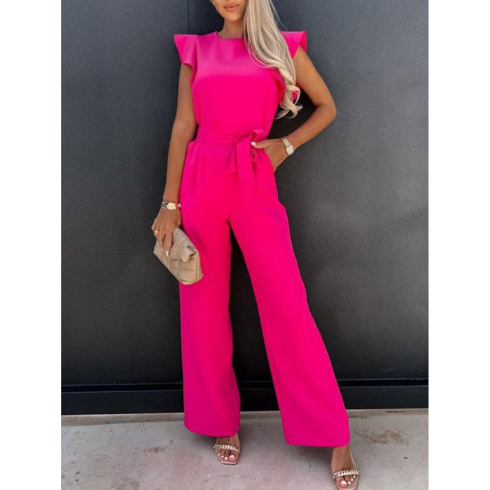 Ruffled Round Neck Cap Sleeve Jumpsuit