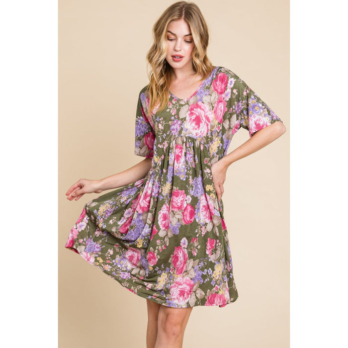 BOMBOM Flower Print V-Neck Ruched Dress