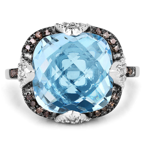 Bids.com 8.29 Carat Genuine Swiss Blue Topaz, Champagne Diamond and White Diamond .925 Sterling Silver Ring Rings