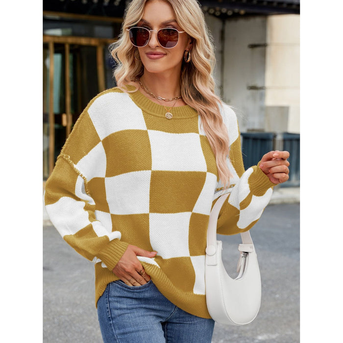 Checkered Round Neck Long Sleeve Sweater