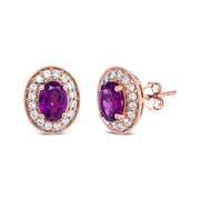 Bids.com 14K Rose Gold 7x5mm Oval Cut Garnet and 3/8 Cttw Round Diamond Halo Stud Earrings (G-H Color, SI1-SI2 Clarity) Earrings