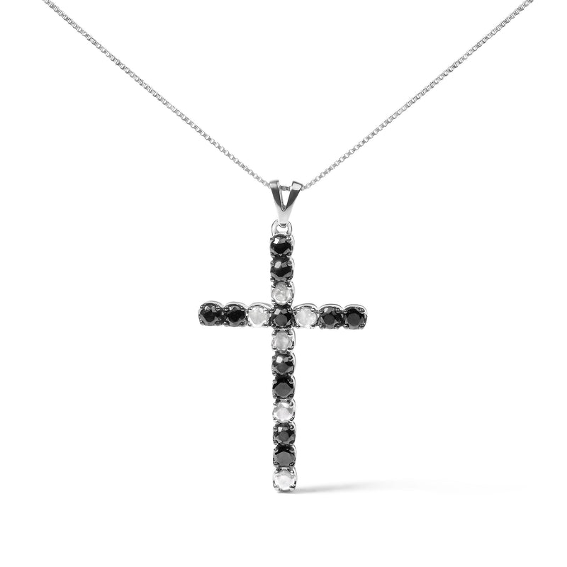 Bids.com .925 Sterling Silver 2.0 Cttw Prong Set Round Natural Treated Black and White Diamond Cross Pendant Necklace - 18" (Black/H-I Color, I3 Clarity) Necklaces
