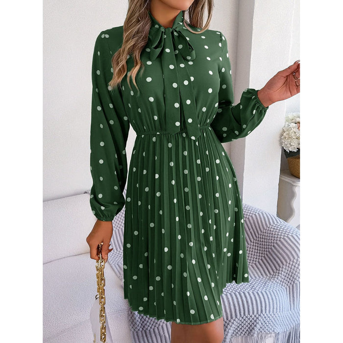 Polka Dot Tie Neck Pleated Dress