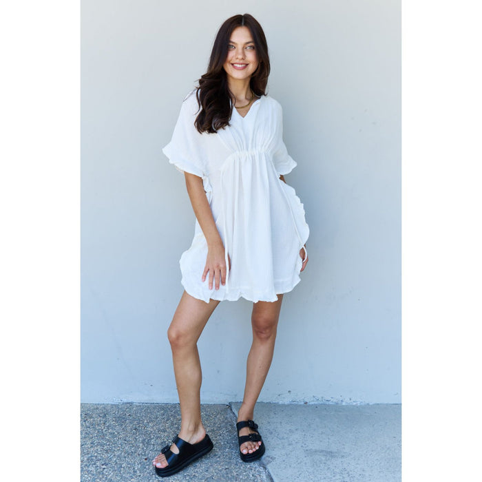 Ruffle Hem Dress with Drawstring Waistband in White