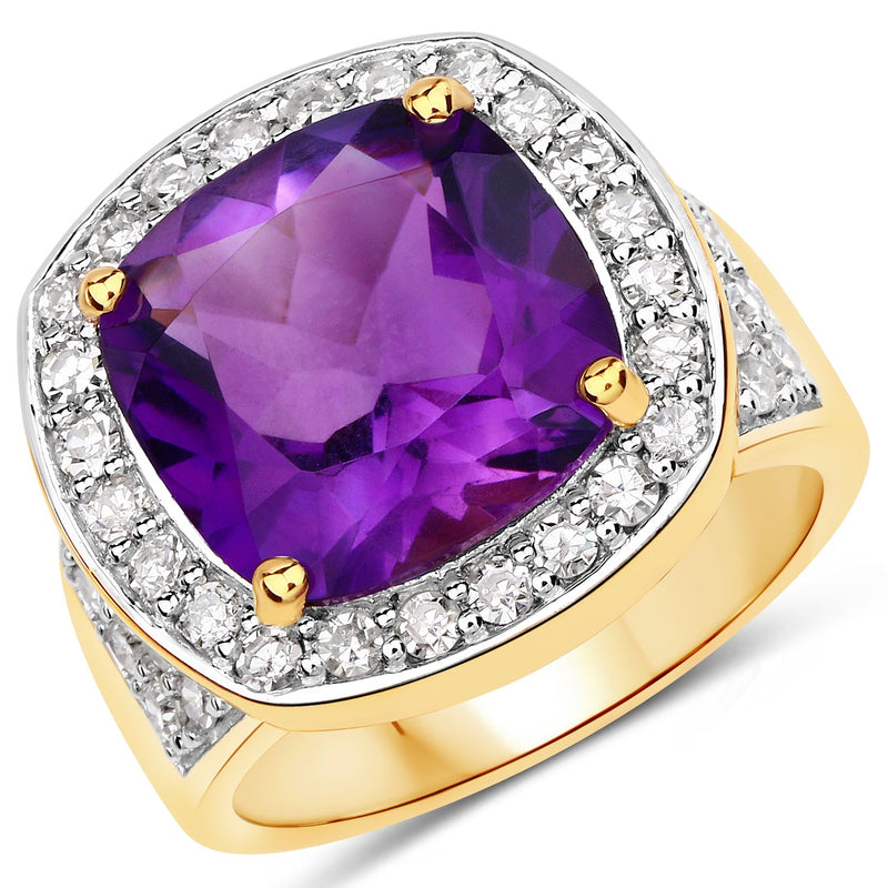 Bids.com 6.80 Carat Genuine Amethyst and White Diamond .925 Sterling Silver Ring Rings