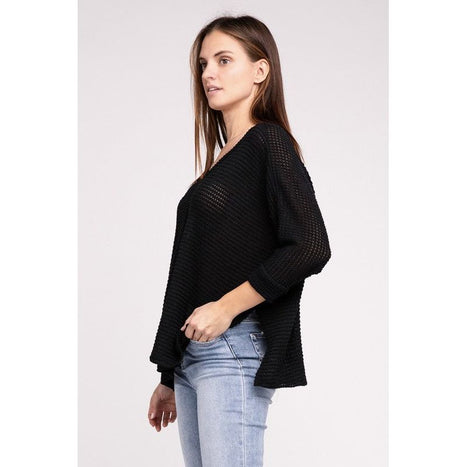 3/4 Sleeve V-Neck Hi-Low Hem Jacquard Sweater