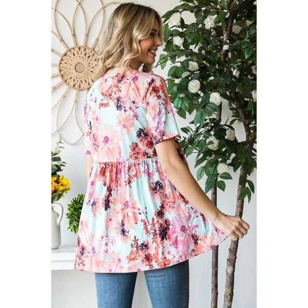 Heimish Floral V-Neck Short Sleeve Babydoll Blouse