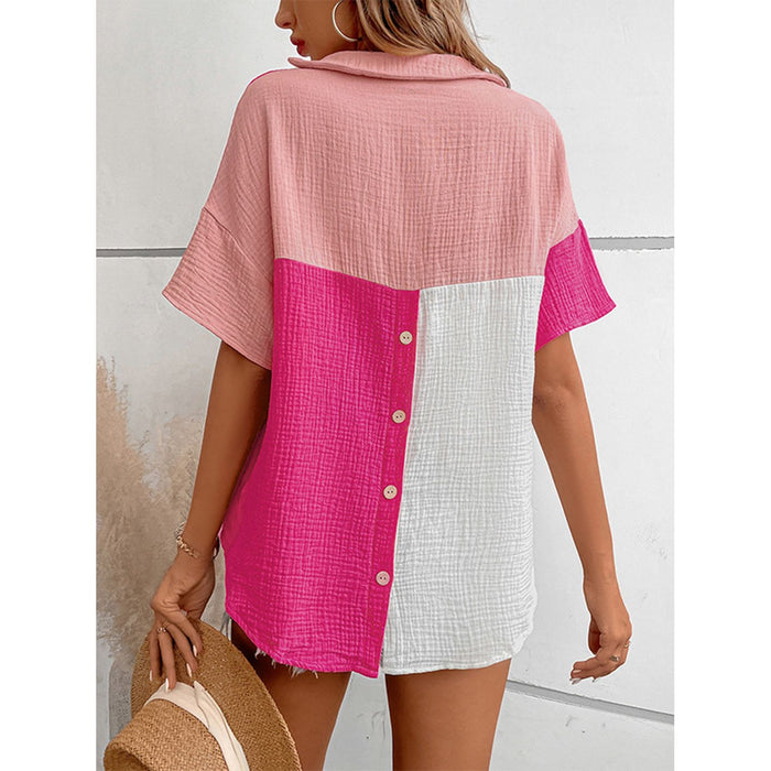 Color Block Johnny Collar Short Sleeve Blouse