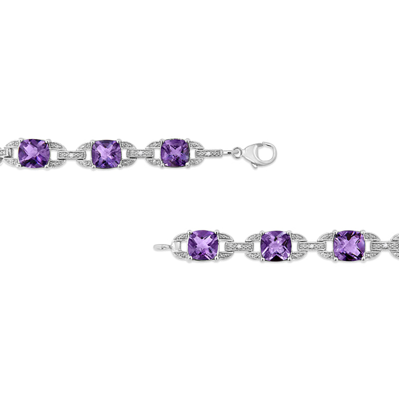 Bids.com .925 Sterling Silver 7mm Cushion Cut Amethyst Gemstone and Diamond Tennis Link Bracelet (I-J Color, I1-I2 Clarity) - Size 7" Bracelets