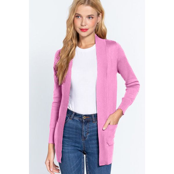 ACTIVE BASIC Ribbed Trim Open Front Cardigan