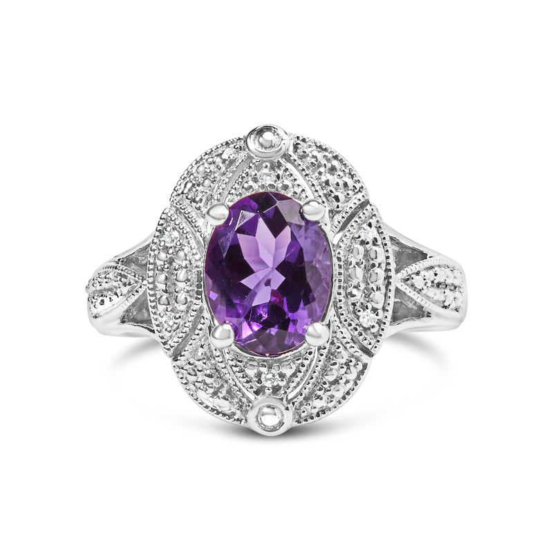 Bids.com .925 Sterling Silver 9x7mm Oval Purple Amethyst and Diamond Accent Art Deco Style Cocktail Ring (I-J Color, I1-I2 Clarity) - Size 6 Rings