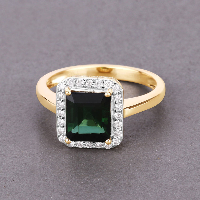 Bids.com 3.02 Carat Genuine Green Tourmaline and White Diamond 14K Yellow Gold Ring Rings