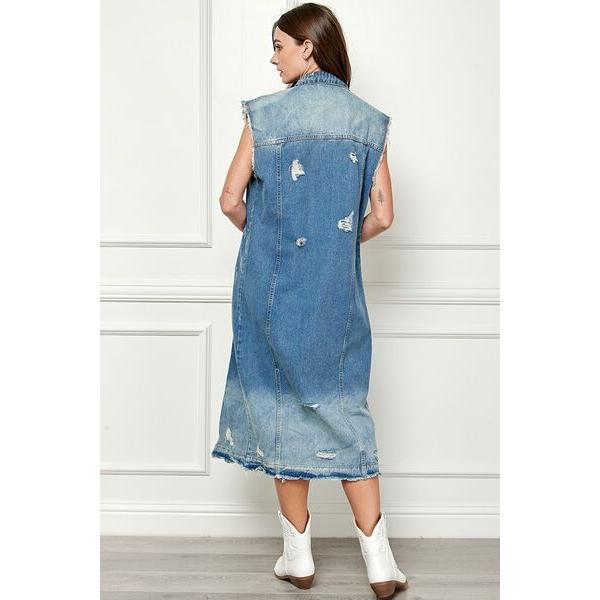 Distressed Sleeveless Longline Denim Jacket in Medium Blue Wash