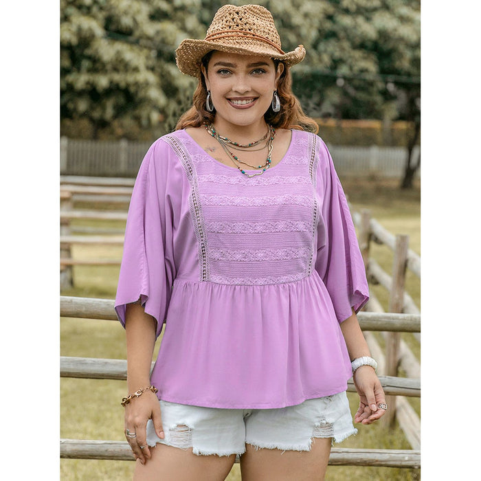 Plus Size Lace Detail Round Neck Three-Quarter Sleeve Blouse