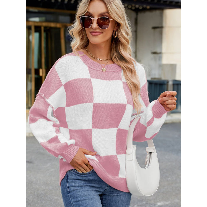 Checkered Round Neck Long Sleeve Sweater