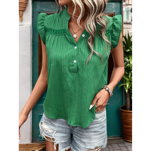 Ruffled Notched Cap Sleeve Blouse