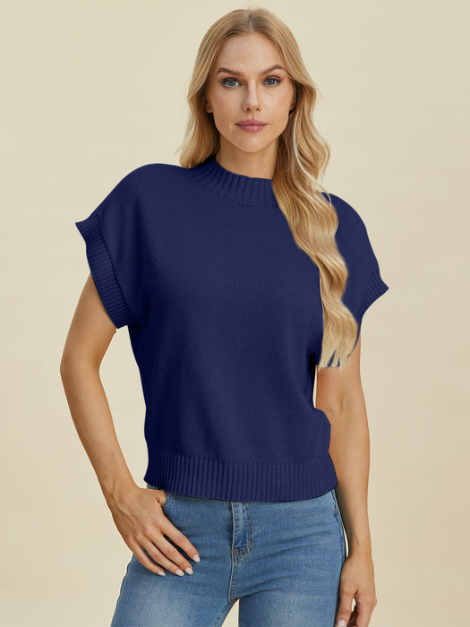 Full Size Mock Neck Short Sleeve Sweater