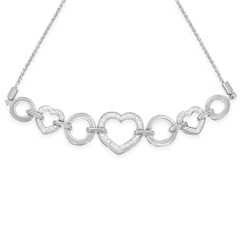 Bids.com .925 Sterling Silver 1/10 Cttw Round-Cut Diamond Heart-Link Adjustable Bolo Bracelet ( H-I Color, I2-I3 Clarity) - 6"-9" Adjustable Bracelets