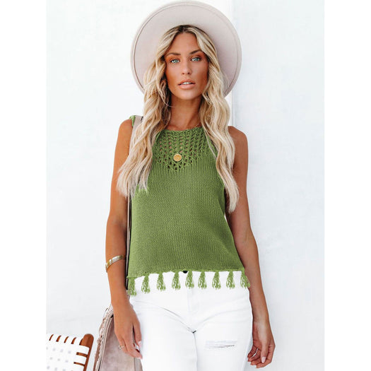 Cutout Tassel Round Neck Tank