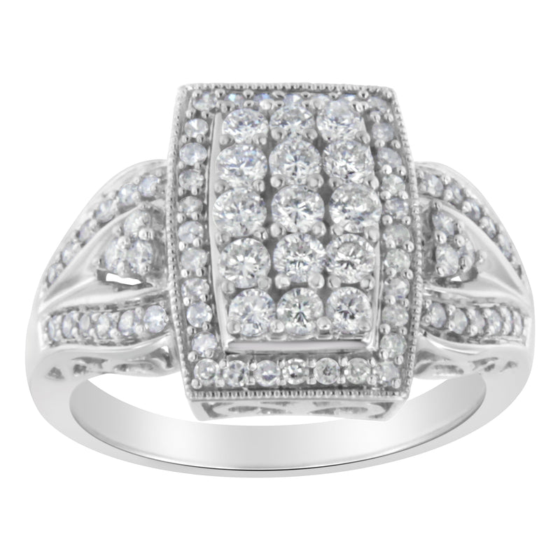 Bids.com 10K White Gold 1.0 Cttw Diamond Rectangular Cushion Shaped Cluster Halo Flared Band Cocktail Fashion Ring (H-I Color, SI2-I1 Clarity) - Size 7 Rings