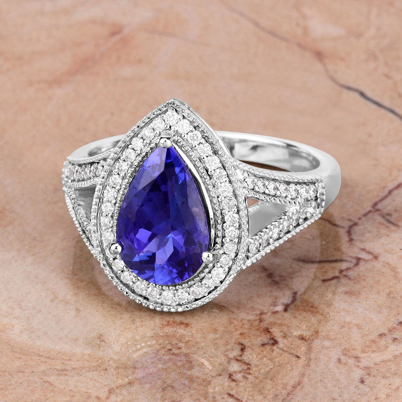 Bids.com 2.60 Carat Genuine Tanzanite and White Diamond 14K White Gold Ring Rings