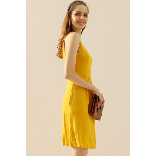 Doublju Round Neck Ruched Sleeveless Dress with Pockets