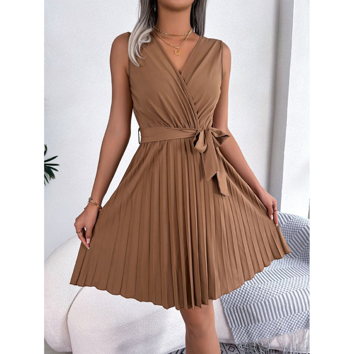 Tied Surplice Sleeveless Pleated Dress