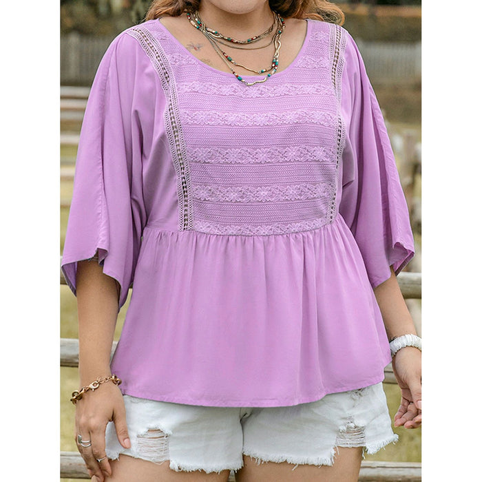 Plus Size Lace Detail Round Neck Three-Quarter Sleeve Blouse