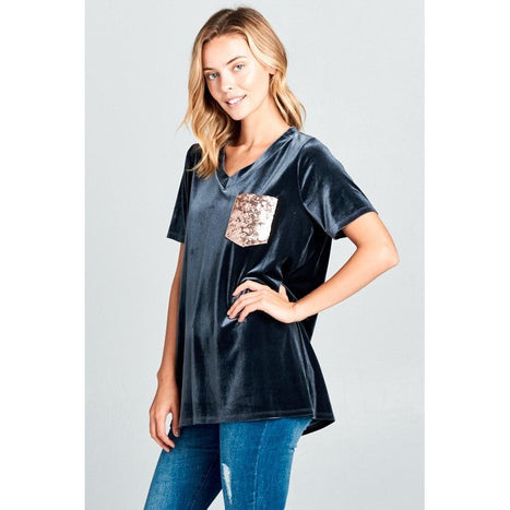 VELVET SEQUINCE POCKET BOXY TOP