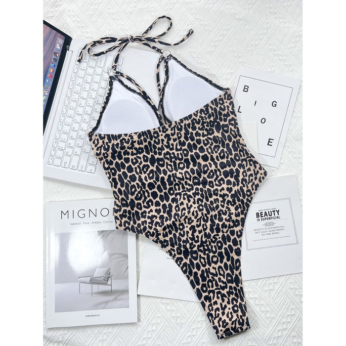 Leopard Cutout Halter Neck One-Piece Swimwear