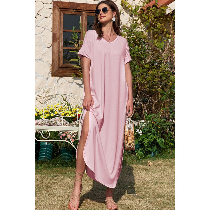 Slit Pocketed V-Neck Short Sleeve Dress in Blush Pink