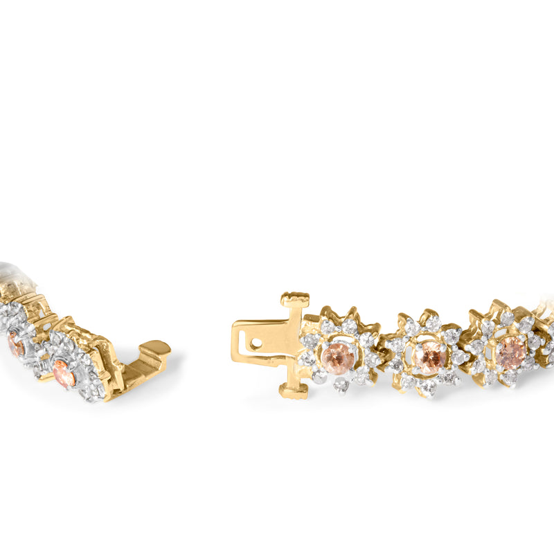 Bids.com 14K Yellow Gold 8.00 Cttw Champagne Diamond Floral Cluster Halo Link Bracelet (H-I Color, I1-I2 Clarity) Bracelets