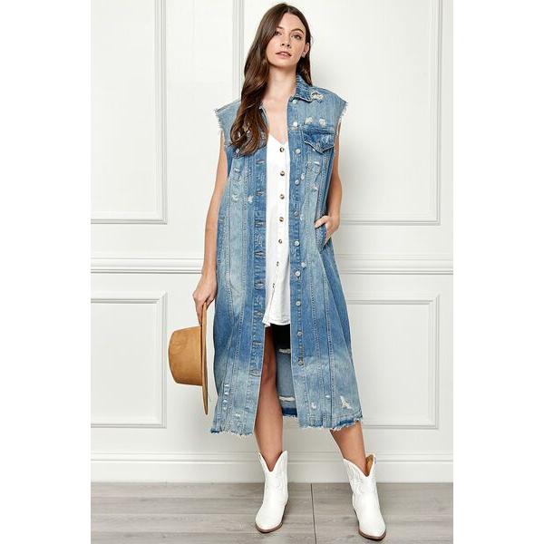 Distressed Sleeveless Longline Denim Jacket in Medium Blue Wash