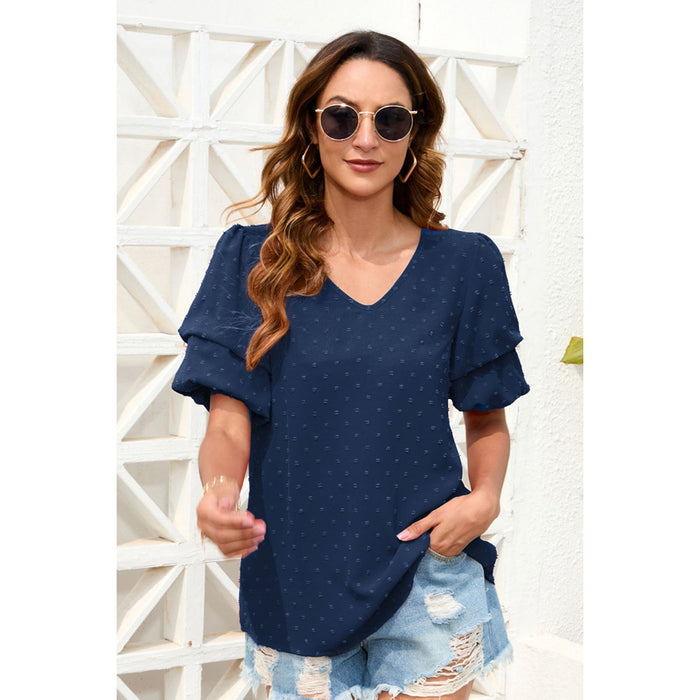 Swiss Dot V-Neck Short Sleeve Blouse