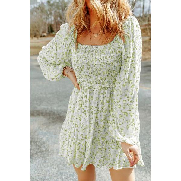 Smocked Floral Square Neck Balloon Sleeve Dress