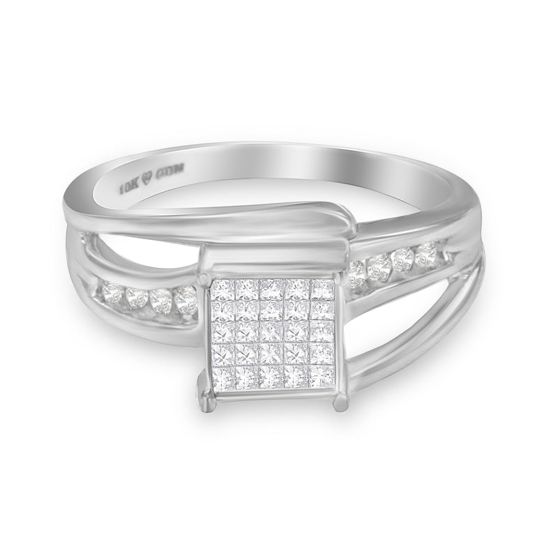 Bids.com 10K White Gold 1/3 Cttw Invisible Set Princess-cut Diamond Cluster Bypass Ring (H-I Color, SI1-SI2 Clarity) - Ring Size 7 Rings